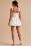 Spaghetti Straps A Line Pleated Mini White Graduation Dress with Belt