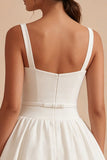 Spaghetti Straps A Line Pleated Mini White Graduation Dress with Belt
