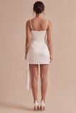 Satin Ruched Bodycon Mini White Dress with Bow