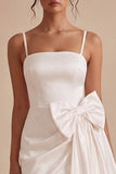 Satin Ruched Bodycon Mini White Dress with Bow