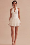 Halter Tiered Tulle Mini White Graduation Dress