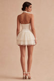 Halter Tiered Tulle Mini White Graduation Dress
