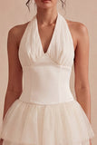 Halter Tiered Tulle Mini White Graduation Dress