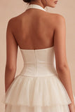 Halter Tiered Tulle Mini White Graduation Dress