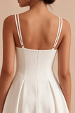A Line Pleated Satin Mini White Graduation Dress