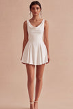 Cowl Neck A Line Pleated Satin Mini White Graduation Dress