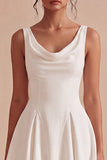 Cowl Neck A Line Pleated Satin Mini White Graduation Dress