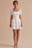 Tiered Square Neck Short Sleeve Mini White Graduation Dress