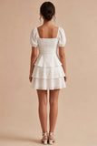 Tiered Square Neck Short Sleeve Mini White Graduation Dress