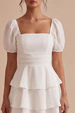 Tiered Square Neck Short Sleeve Mini White Graduation Dress