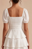 Tiered Square Neck Short Sleeve Mini White Graduation Dress