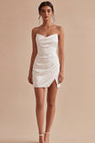 Strapless Ruched Satin Mini White Graduation Dress with Slit