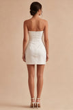 Strapless Ruched Satin Mini White Graduation Dress with Slit
