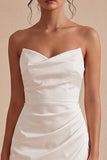 Strapless Ruched Satin Mini White Graduation Dress with Slit