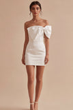 One Shoulder Bowed Satin Bodycon Mini White Graduation Dress