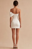 One Shoulder Bowed Satin Bodycon Mini White Graduation Dress