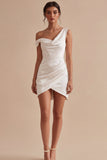 Asymmetrical Neck Ruched Satin Bodycon Mini White Graduation Dress