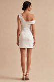 Asymmetrical Neck Ruched Satin Bodycon Mini White Graduation Dress