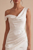 Asymmetrical Neck Ruched Satin Bodycon Mini White Graduation Dress