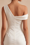 Asymmetrical Neck Ruched Satin Bodycon Mini White Graduation Dress