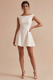 Bateau Neck A Line Satin Mini White Graduation Dress