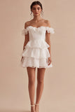 Off the Shoulder Tiered Ruffled Mini White Graduation Dress