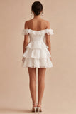 Off the Shoulder Tiered Ruffled Mini White Graduation Dress