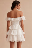 Off the Shoulder Tiered Ruffled Mini White Graduation Dress