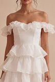 Off the Shoulder Tiered Ruffled Mini White Graduation Dress