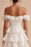 Off the Shoulder Tiered Ruffled Mini White Graduation Dress