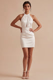 Halter Cut Out Ruched Satin Bodycon Mini White Graduation Dress