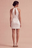 Halter Cut Out Ruched Satin Bodycon Mini White Graduation Dress