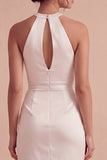 Halter Cut Out Ruched Satin Bodycon Mini White Graduation Dress
