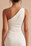 One Shoulder Ruched Satin Bodycon Mini White Dress with Slit