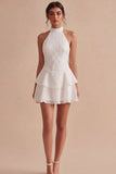 Halter Sequin Tiered A Line Mini White Graduation Dress