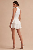 Halter Sequin Tiered A Line Mini White Graduation Dress