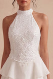 Halter Sequin Tiered A Line Mini White Graduation Dress