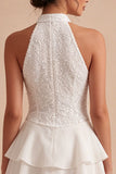 Halter Sequin Tiered A Line Mini White Graduation Dress