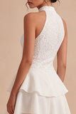 Halter Sequin Tiered A Line Mini White Graduation Dress