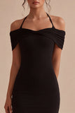 Halter Black Ruched Bodycon Mini Dress