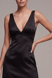 Black Bodycon Satin V Neck Mini Dress