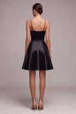 Black Spaghetti Straps A Line Pleated Satin Mini Dress