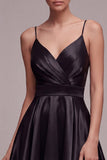 Black Spaghetti Straps A Line Pleated Satin Mini Dress