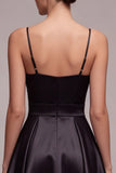 Black Spaghetti Straps A Line Pleated Satin Mini Dress