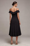 Cold Shoulder Black Ruffled A Line High Low Midi Dress