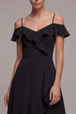 Cold Shoulder Black Ruffled A Line High Low Midi Dress
