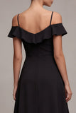 Cold Shoulder Black Ruffled A Line High Low Midi Dress