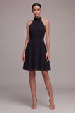 Halter Ruched Black A Line Mini Dress