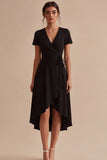 High Low Black A Line V Neck Midi Dress with Short Sleeves