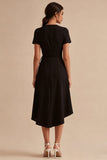 High Low Black A Line V Neck Midi Dress with Short Sleeves